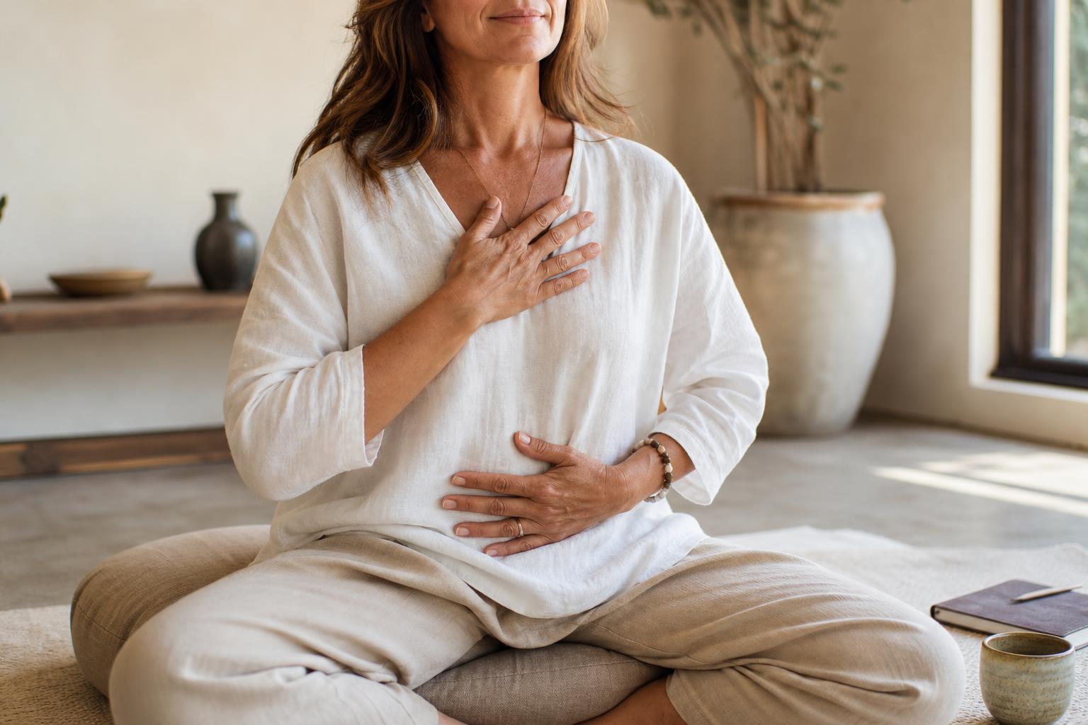 Hands resting gently over the heart and belly during a grounded spiritual practice