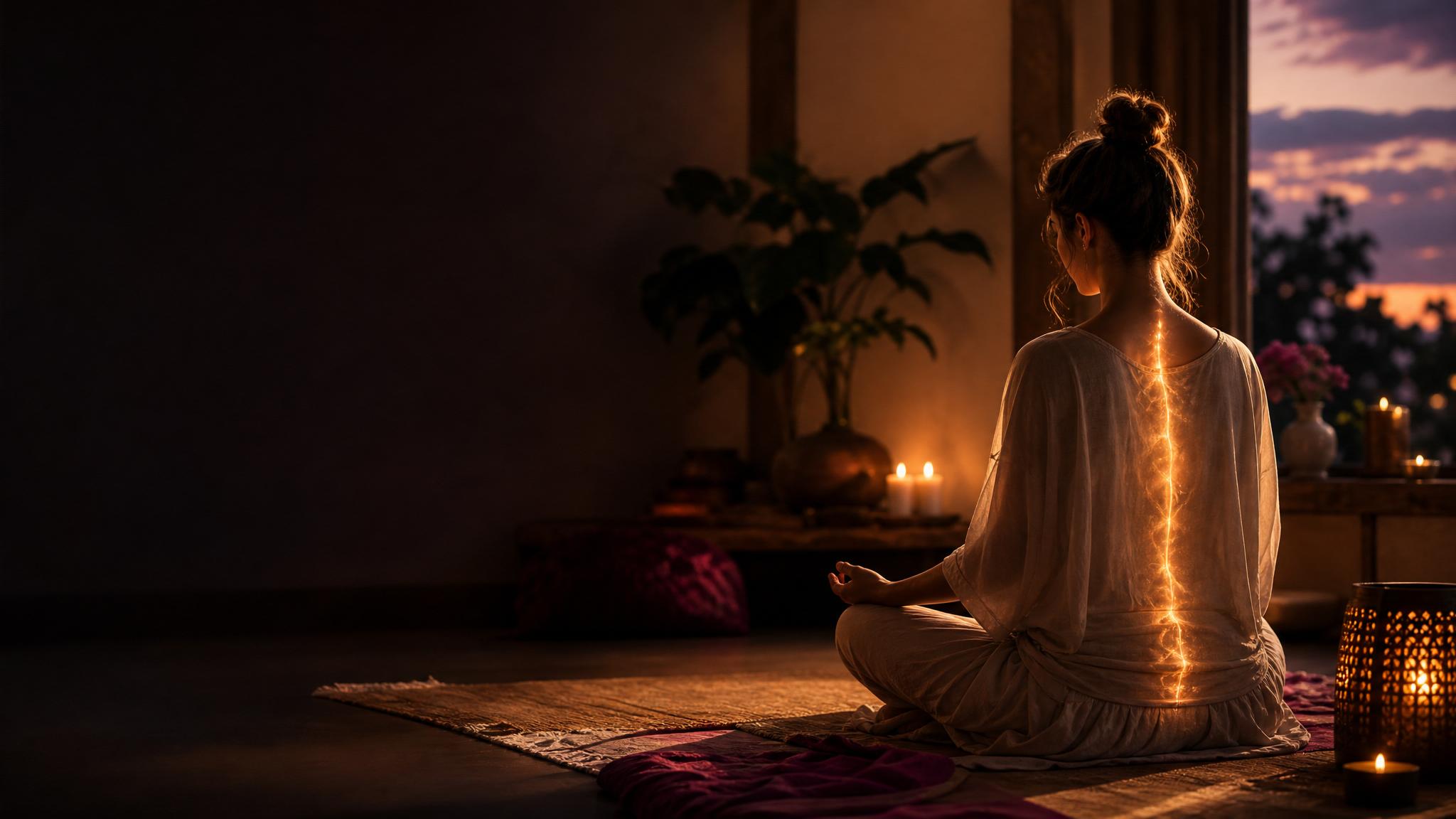 A calm meditation room with subtle spiritual energy rising through the body