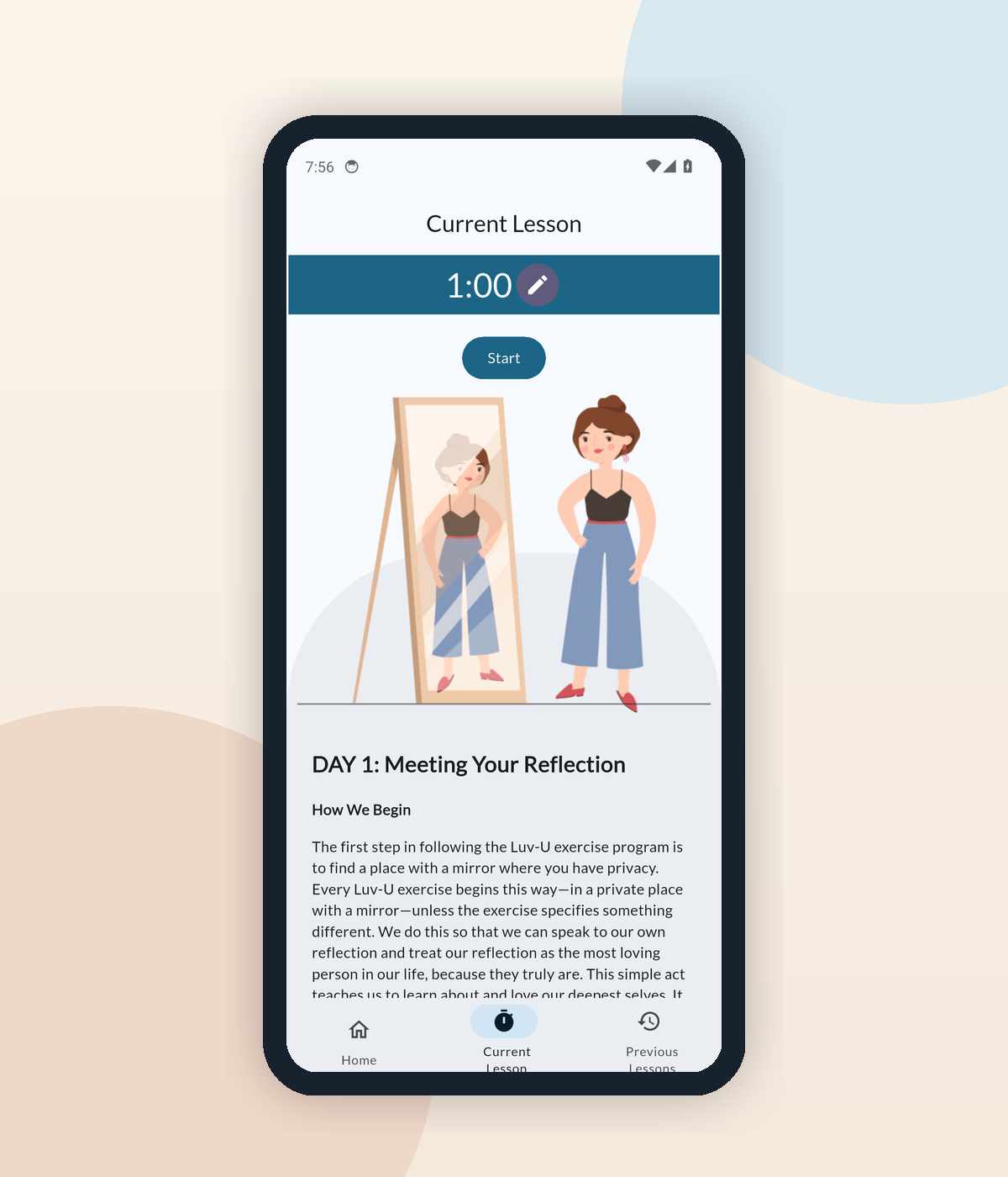 Single tested Luv-U app screen showing the Day 1 timed practice