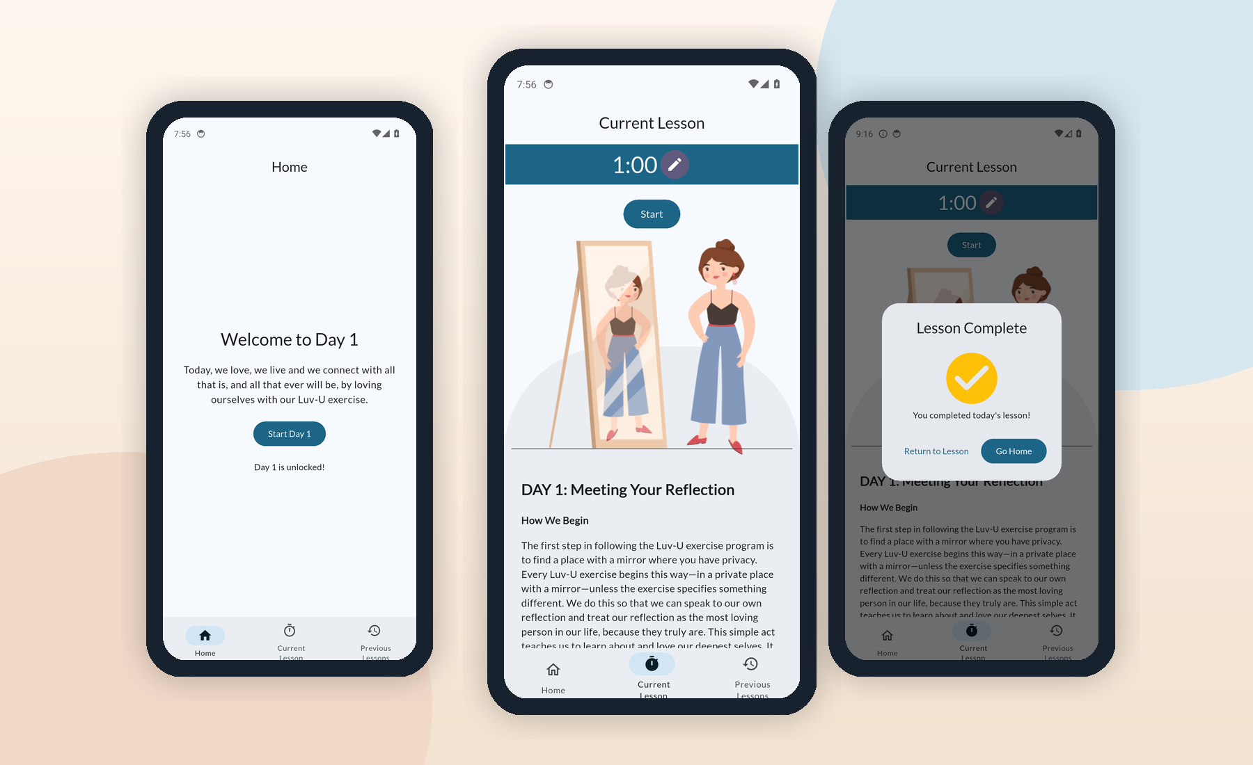 Three tested Luv-U app screens showing daily unlock, timed practice, and lesson completion
