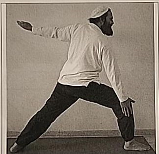 Photograph of a practitioner performing the Aleph posture, outside view, facing right, in a wide lunge with arms extended.