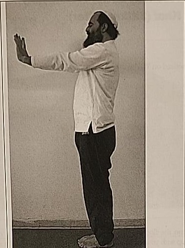 Photograph of a practitioner performing the Dalet posture, standing with arms extended forward, palms out, fingers bent back.