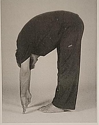 Photograph of a practitioner performing the Het posture, standing and folded forward with fingertips reaching toward the floor.