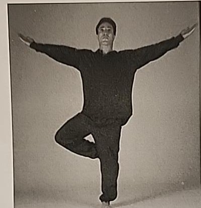 Photograph of a practitioner performing the Shin posture, standing on one leg with arms extended out to the sides, palms up.